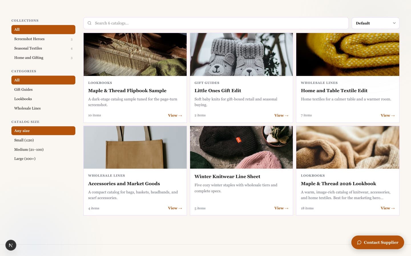 Maple and Thread storefront with sidebar filters and catalog grid