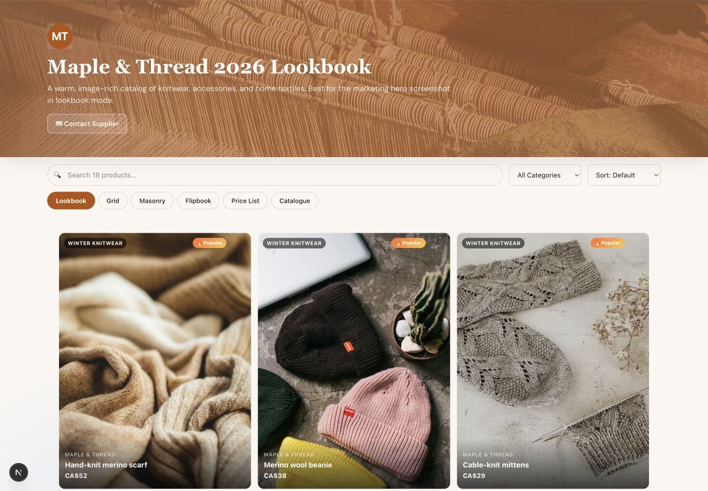 Lookbook-style shared catalog layout