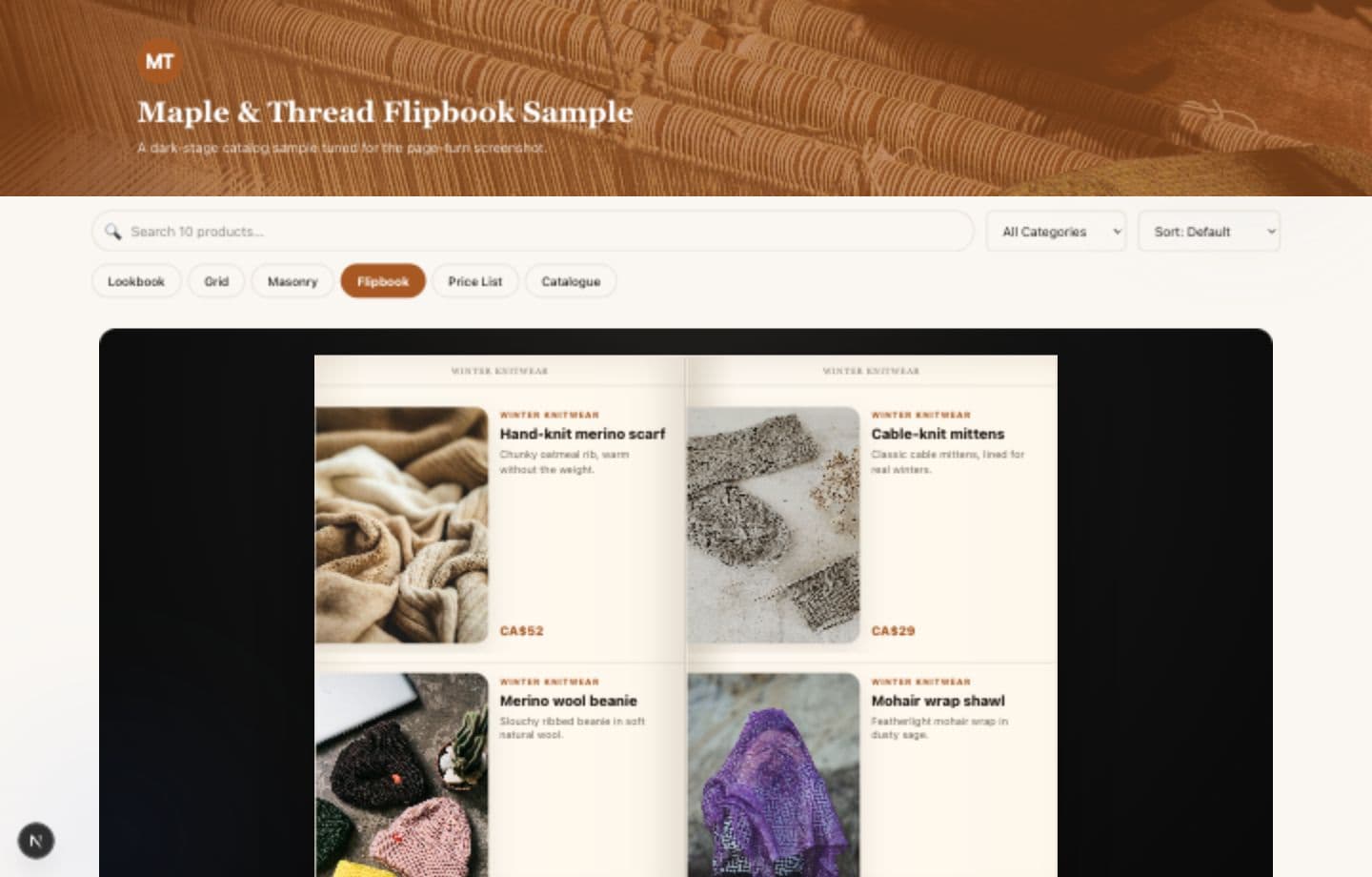 Flipbook shared catalog layout, showing the layout switcher with Flipbook selected