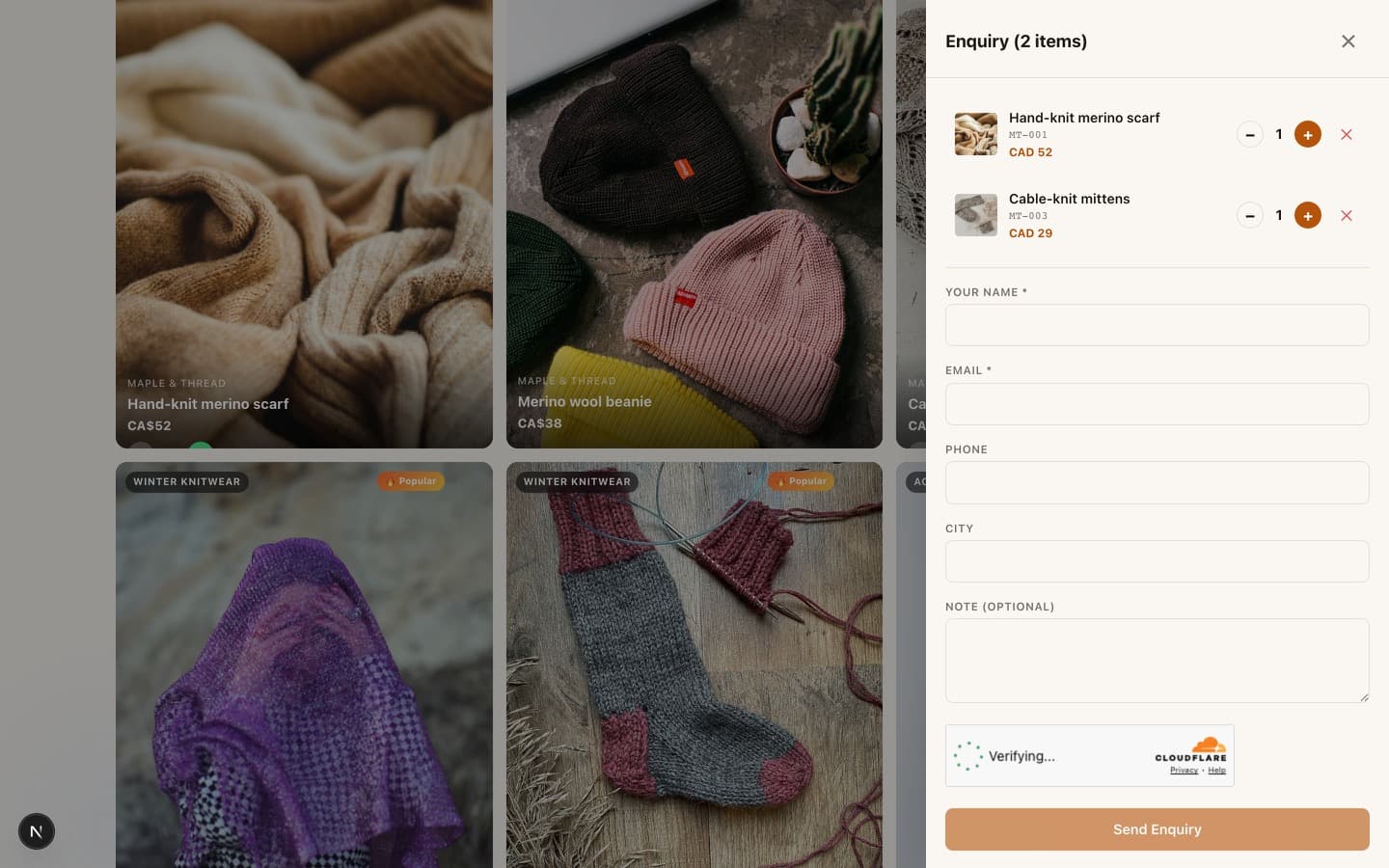 Inquiry drawer opened over a shared catalog