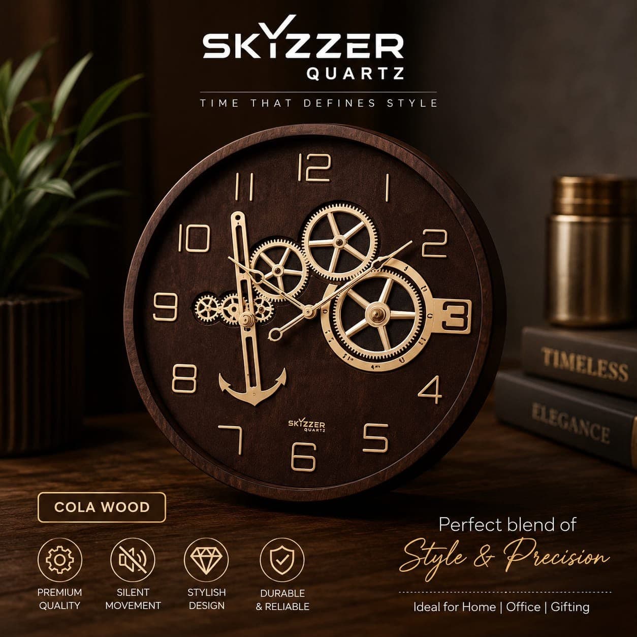 SKYZZER Quartz Wooden Wall Clock with Anchor and Gears