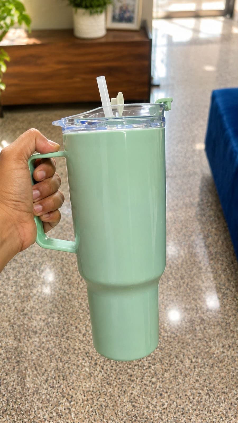 Mint Green Thermo Cup with Handle and Straw