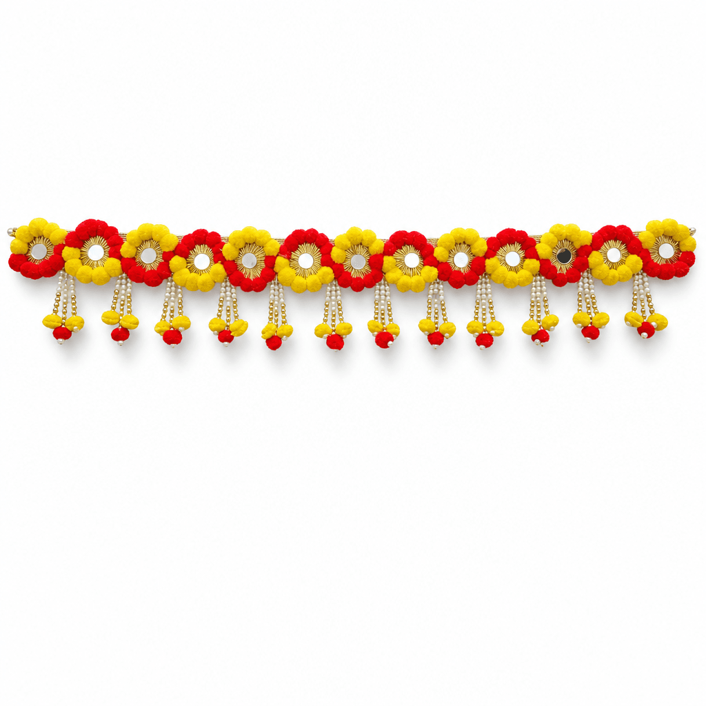 Red and Yellow Floral Toran with Mirror Accents