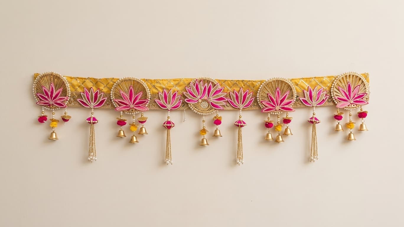 Embroidered Lotus Toran with Bells