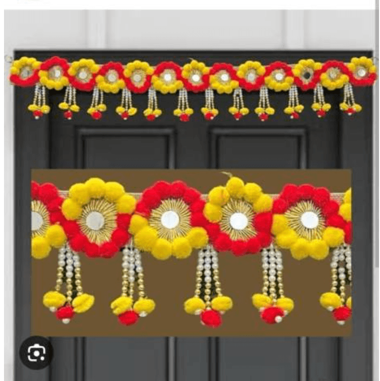 Red and Yellow Floral Toran with Mirror Accents