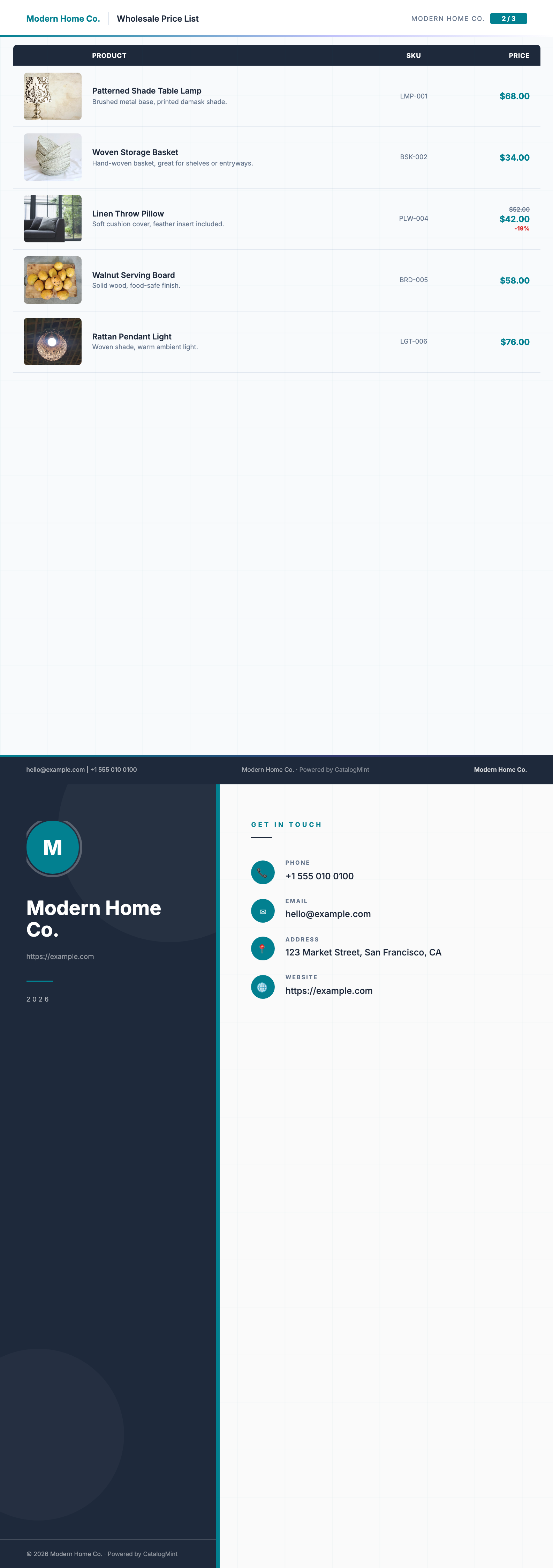 Price List PDF template — real rendered pages