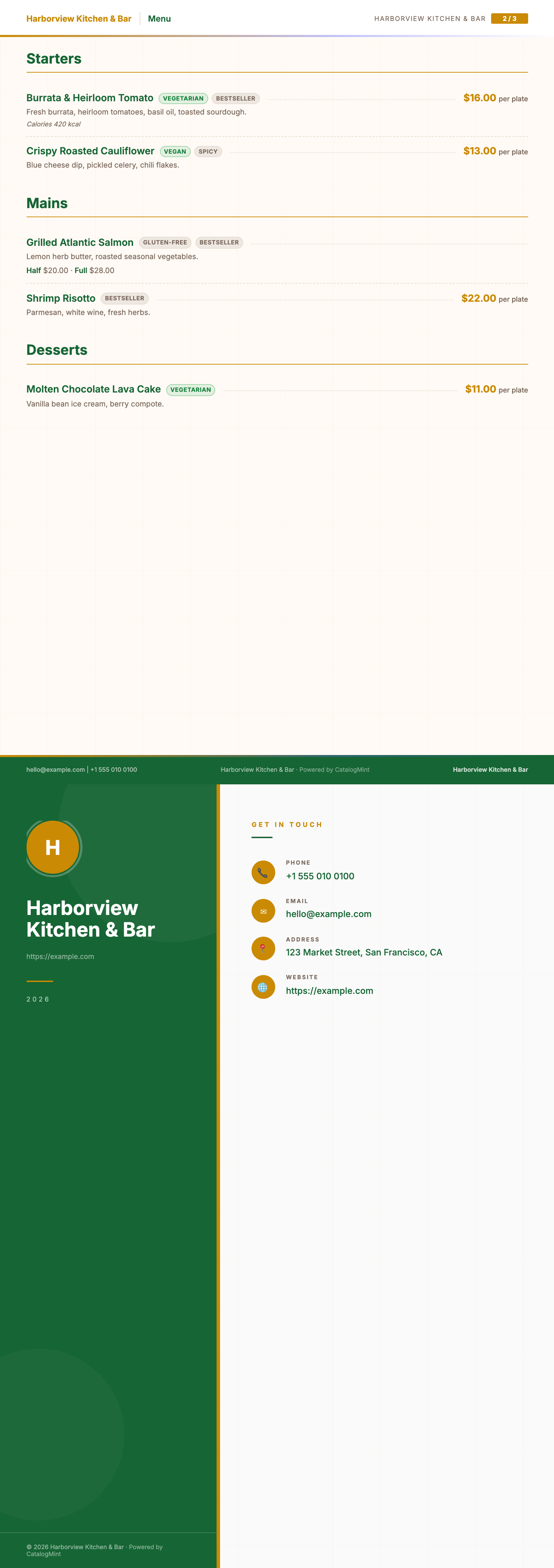 Restaurant Menu PDF template — real rendered pages