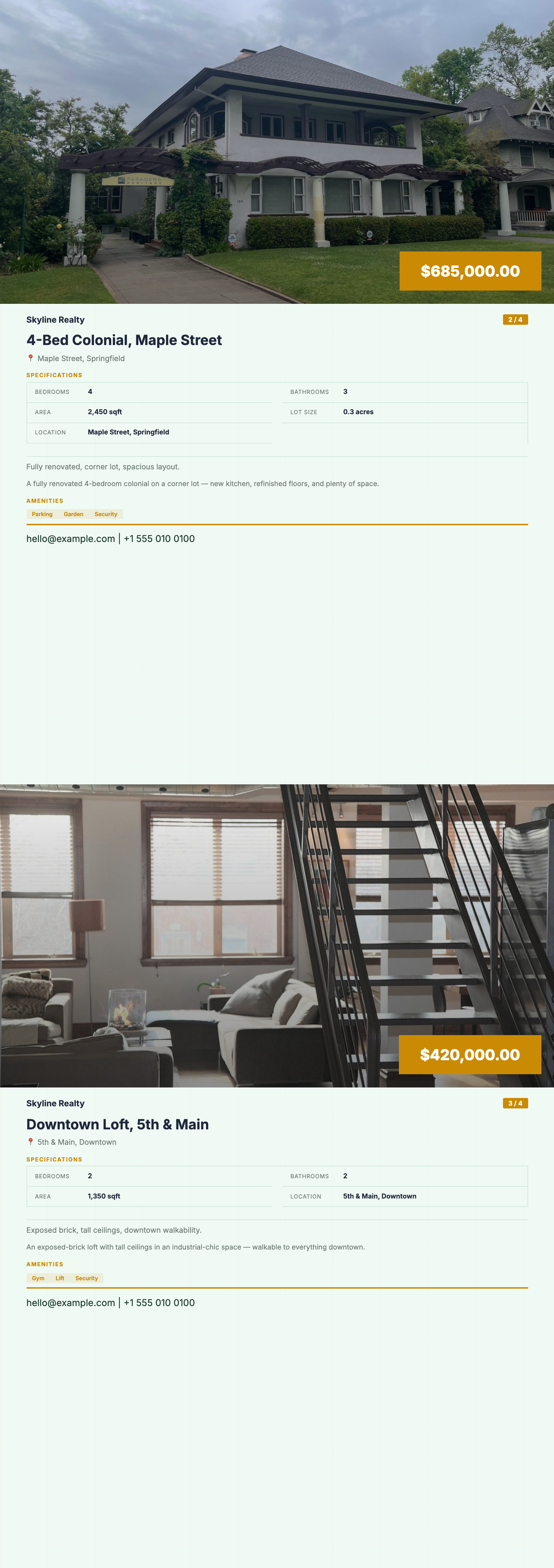 Property Flyer PDF template — real rendered pages