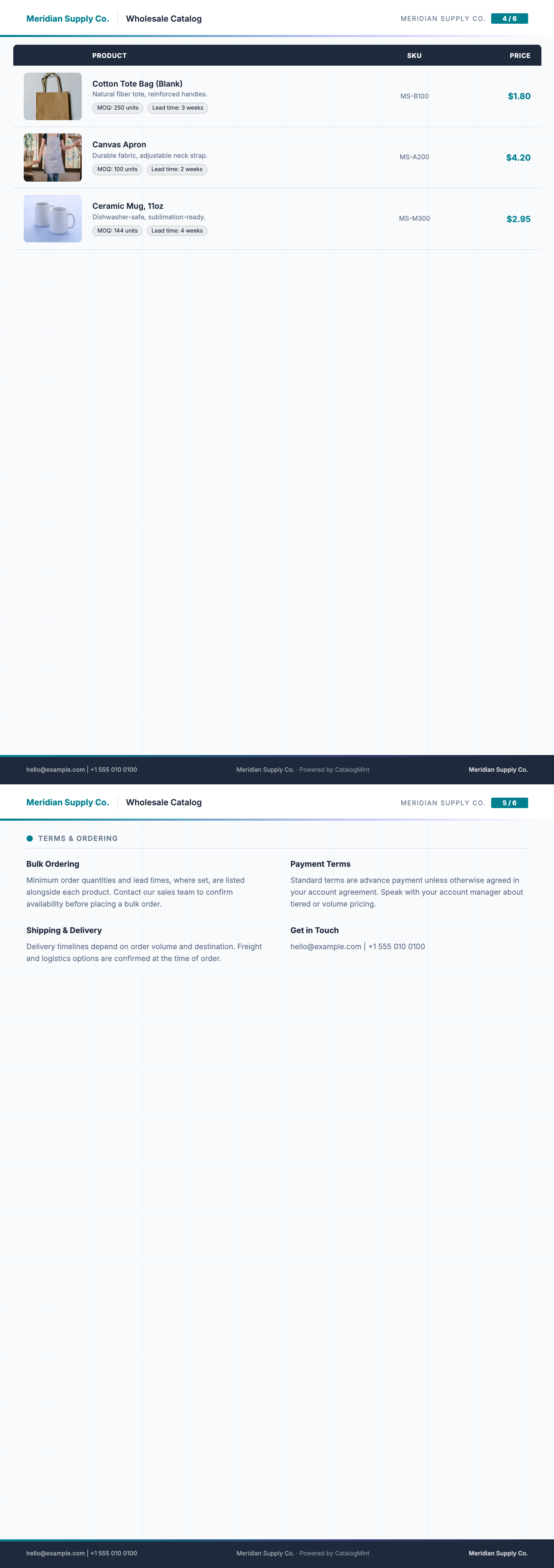 Wholesale Catalog PDF template — real rendered pages